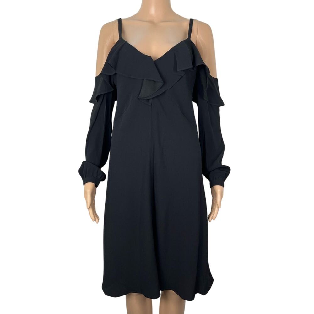 New ALC Felicia Black Cold Shoulder Ruffle Flowy Long Sleeve Shift Crepe Dress